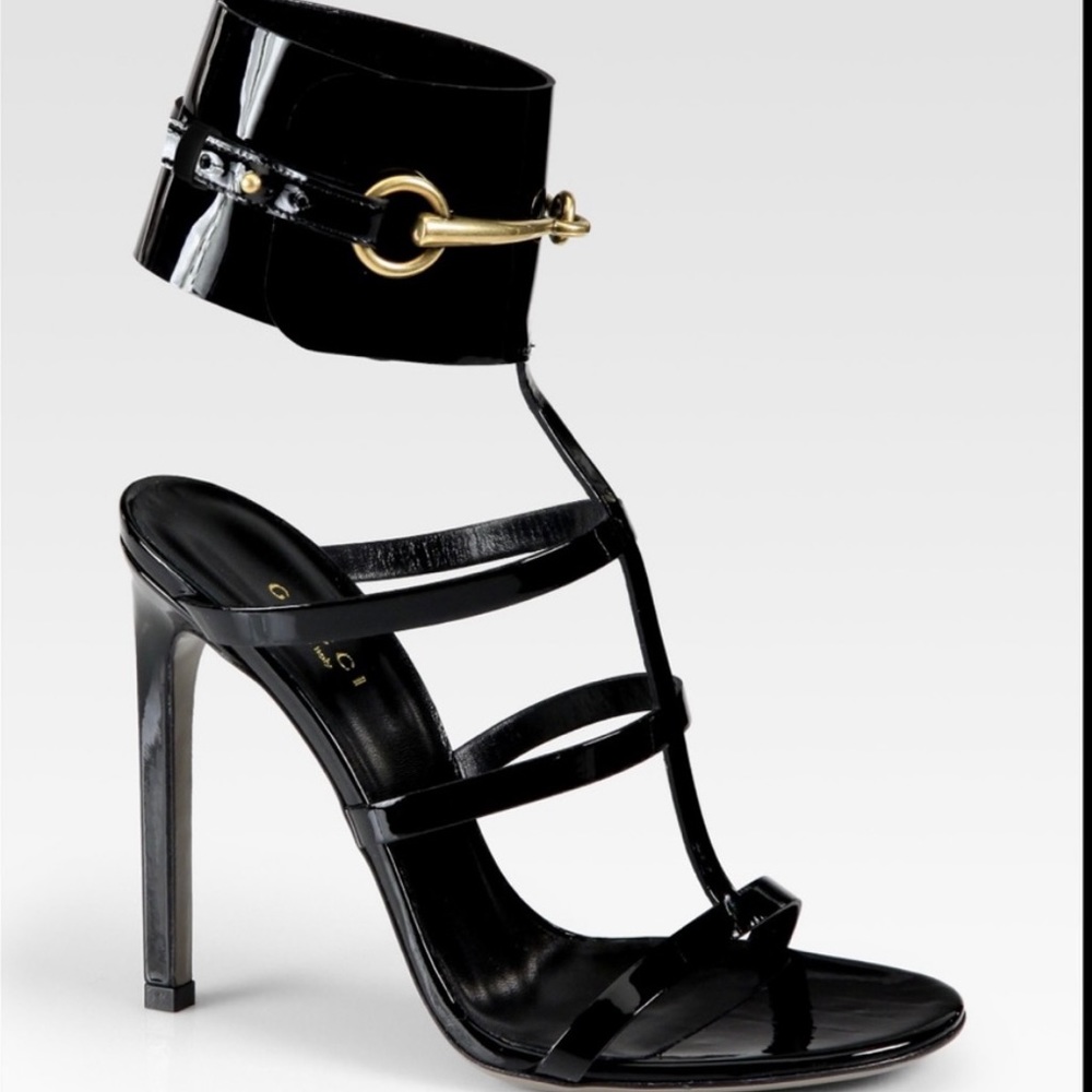 Gucci Ursula Black Patent Leather Ankle Wrap Caged Sandal High Heels Size 38.5